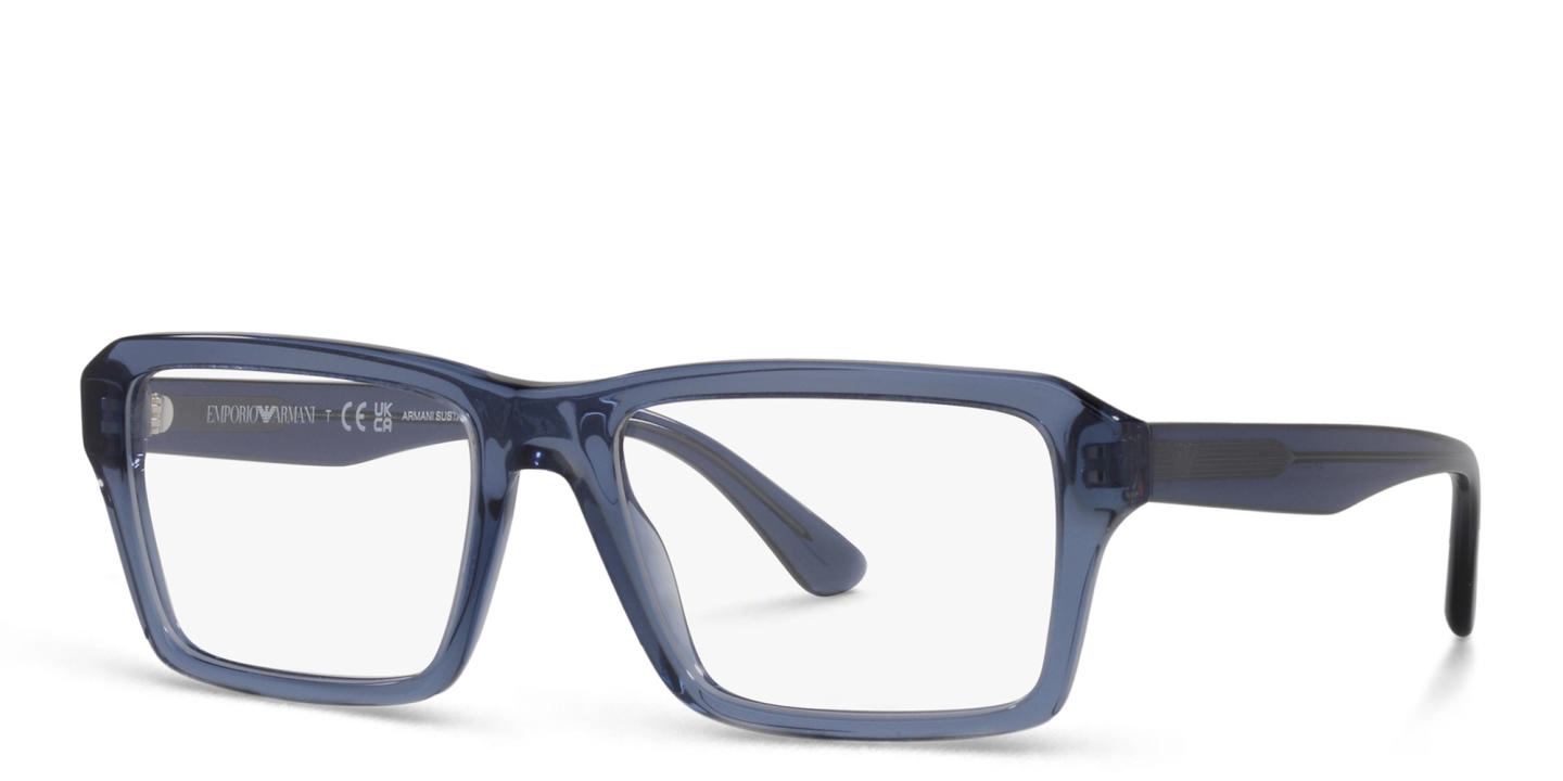 Emporio Armani Wide Rectangle Eyeglasses in Shiny Transparent Blue – Product Photo 2