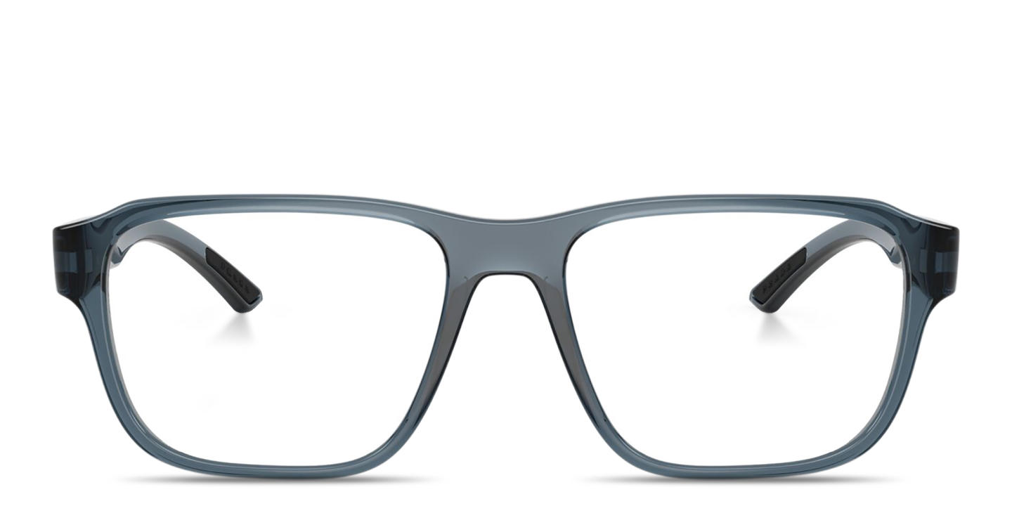 Shop Prada Linea Rossa Logo Signature Irregular Eyeglasses in Transparent Azure online.