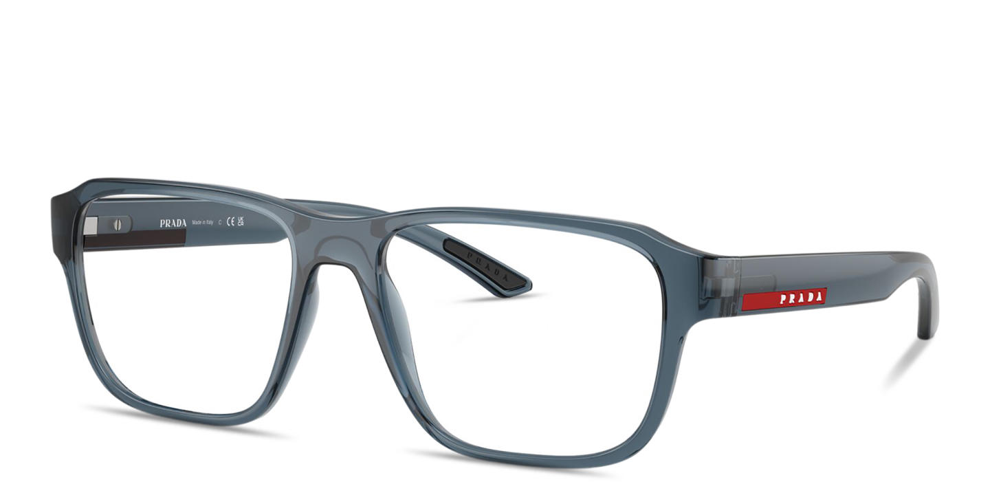 Prada Linea Rossa Logo Signature Irregular Eyeglasses in Transparent Azure – Product Photo 1
