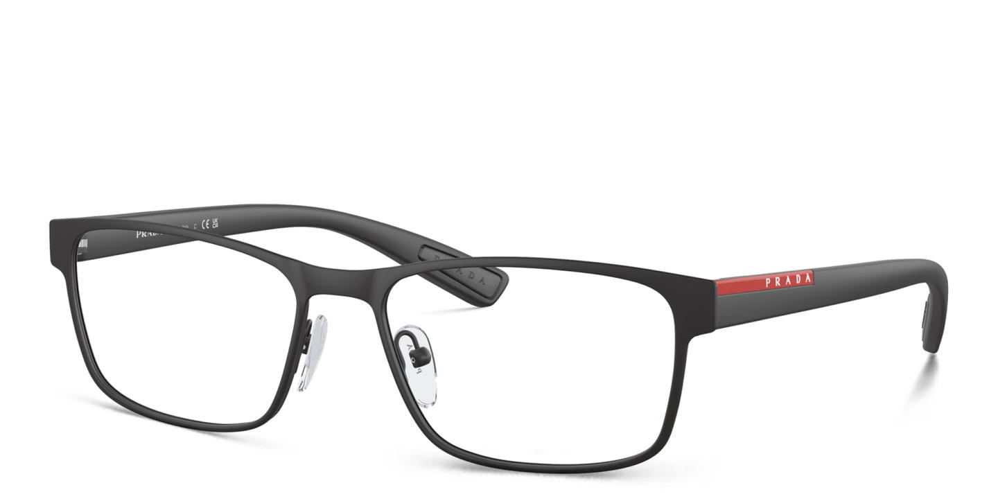Shop Prada Linea Rossa Wide Rectangle Eyeglasses in Black online.