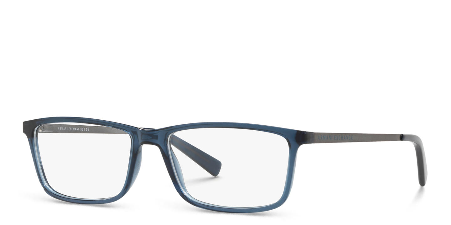 Armani Exchange Wide Rectangle Eyeglasses in Transparent Blue – Product Photo 1