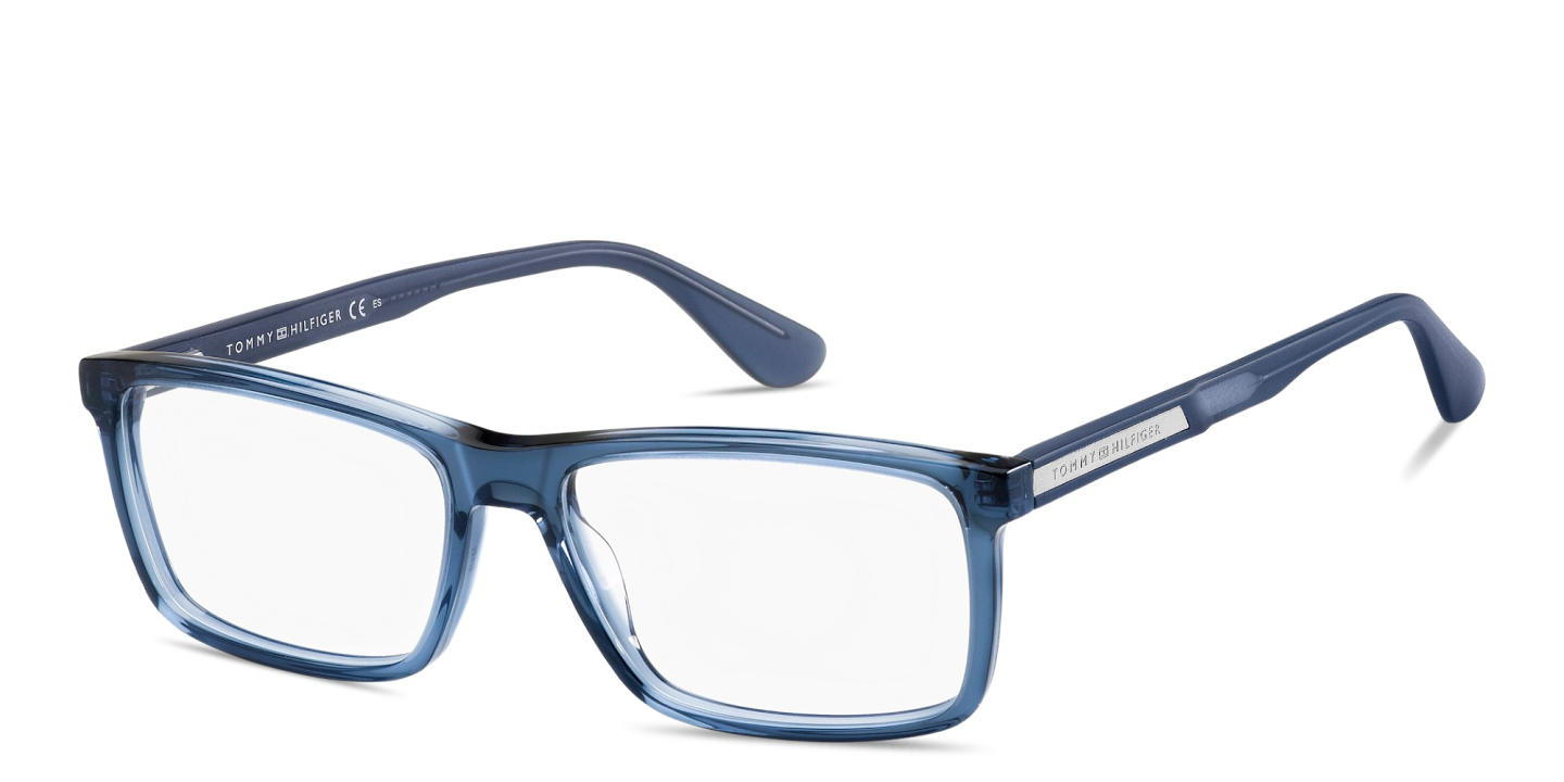 Shop Tommy Hilfiger Logo Lettering Wide Rectangle Eyeglasses in Blue online.