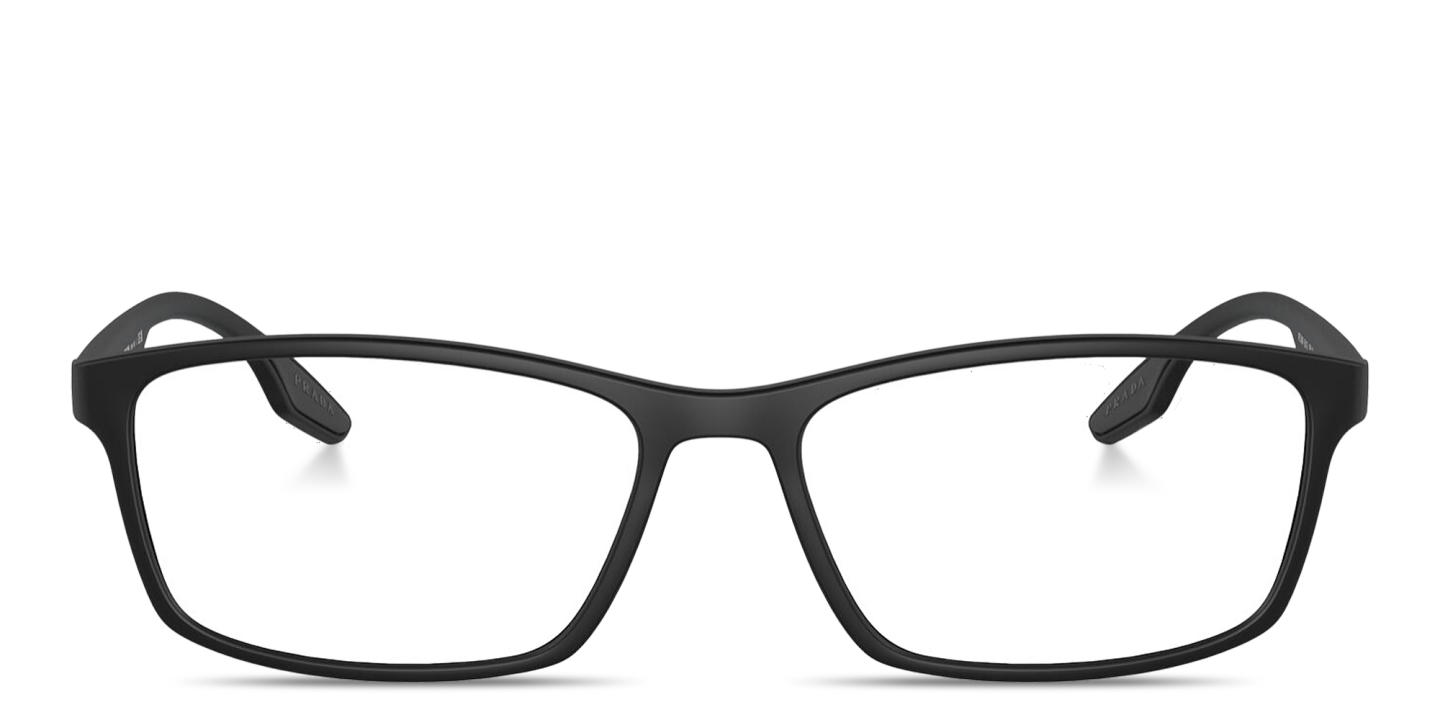Shop Prada Linea Rossa Logo Signature Rectangle Eyeglasses in Matte Black online.