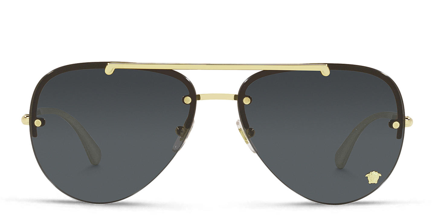 Shop VERSACE Medusa Half-Rim Pilot Sunglasses in Gold online.
