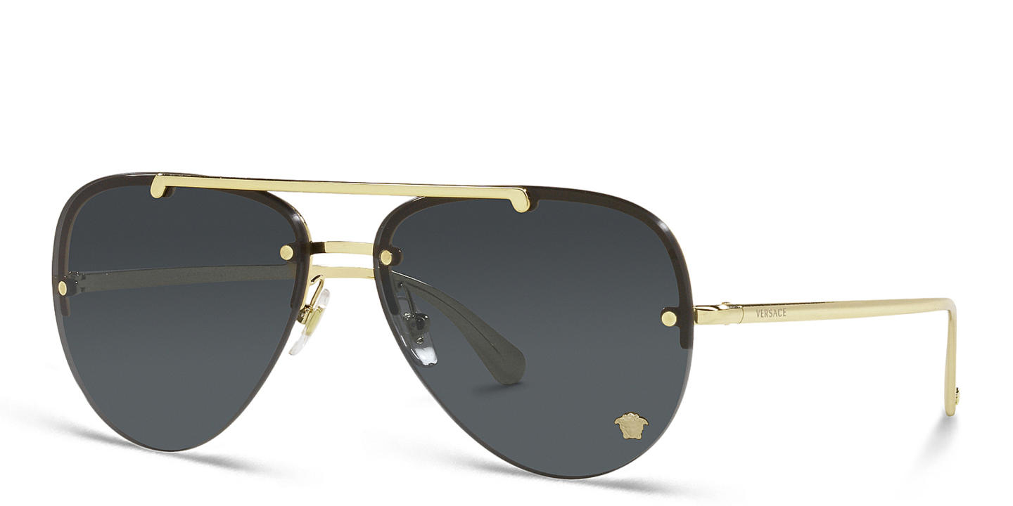 Shop VERSACE Medusa Half-Rim Pilot Sunglasses in Gold online.