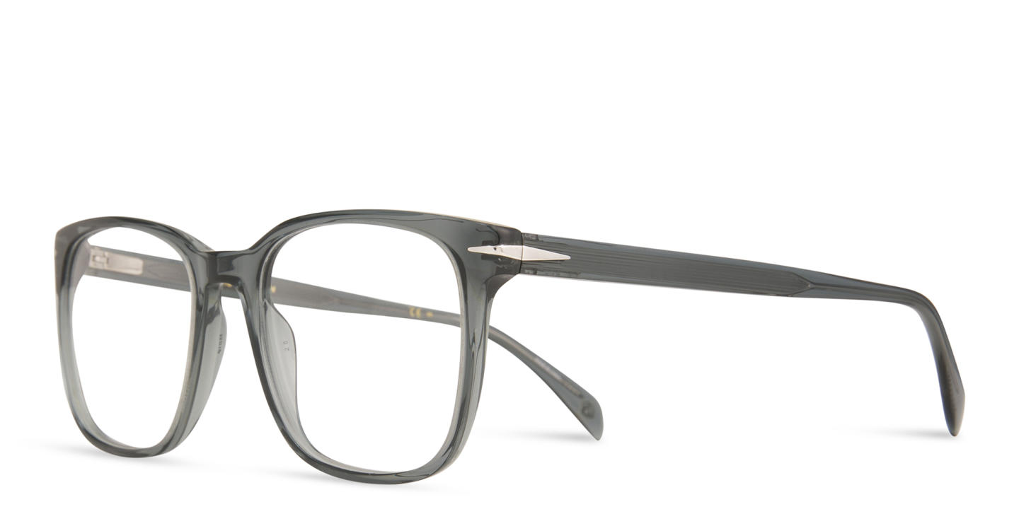Shop DAVID BECKHAM Wide Rectangle Eyeglasses in Transparent Grey online.