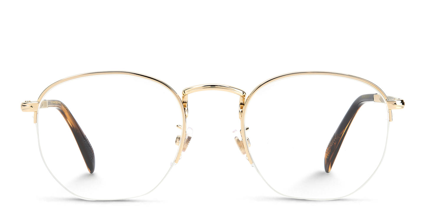 Shop DAVID BECKHAM Half Rim Oval Eyeglasses in Gold Striped Brown online.