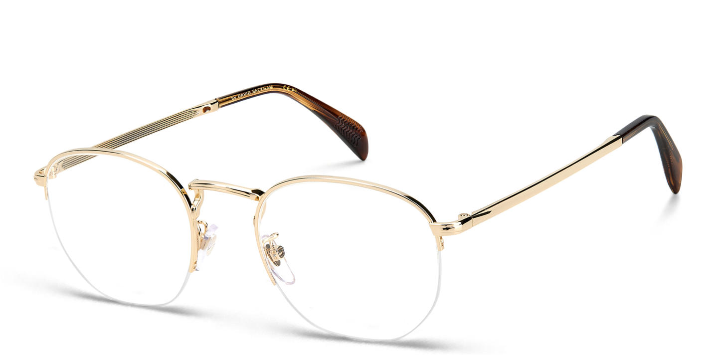 Shop DAVID BECKHAM Half Rim Oval Eyeglasses in Gold Striped Brown online.