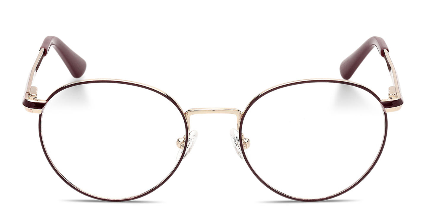 Guess Logo Lettering Round Eyeglasses in Burgundy Gold – Product Photo 0