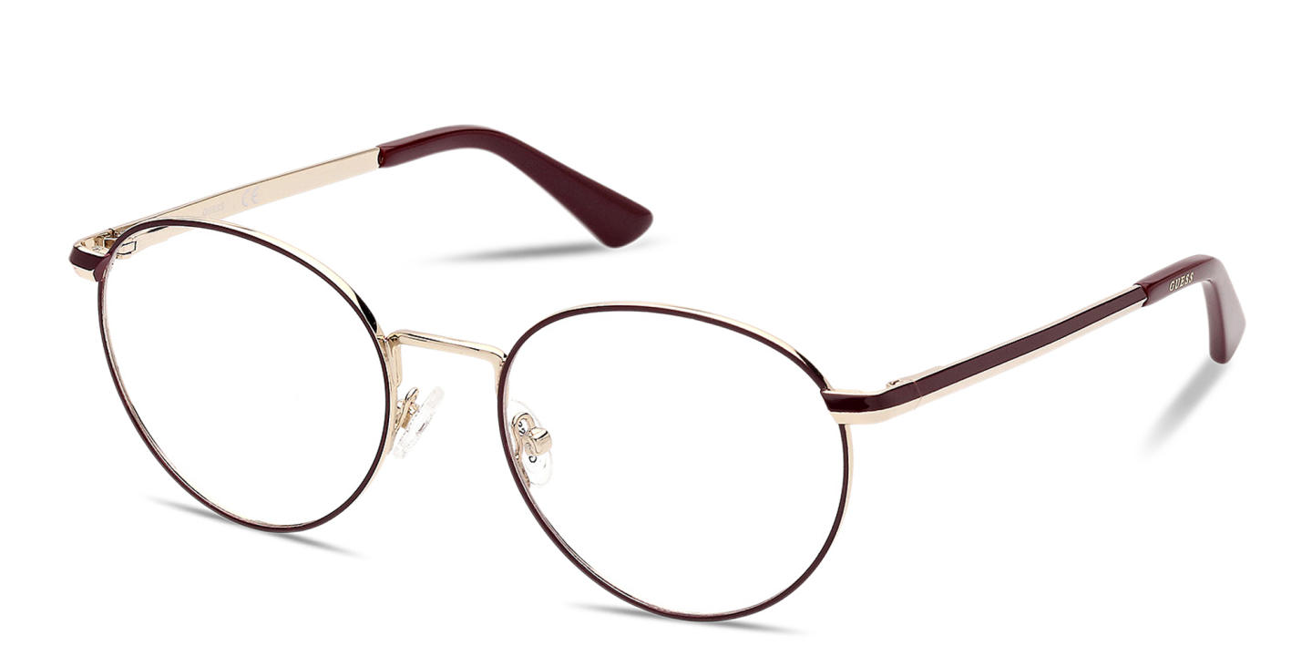 Guess Logo Lettering Round Eyeglasses in Burgundy Gold – Product Photo 1
