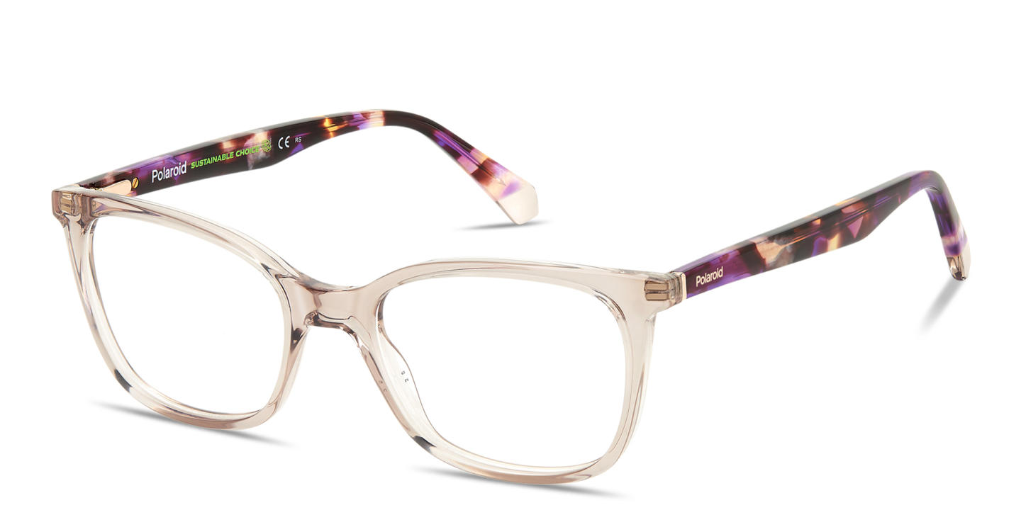 Shop Polaroid Logo Lettering Rectangle Eyeglasses in Transparent Nude online.