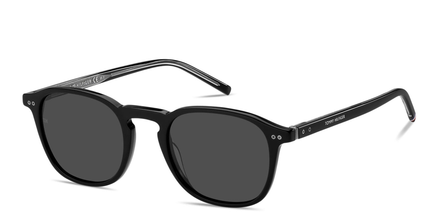 Shop Tommy Hilfiger Logo Lettering Square Sunglasses in Black online.