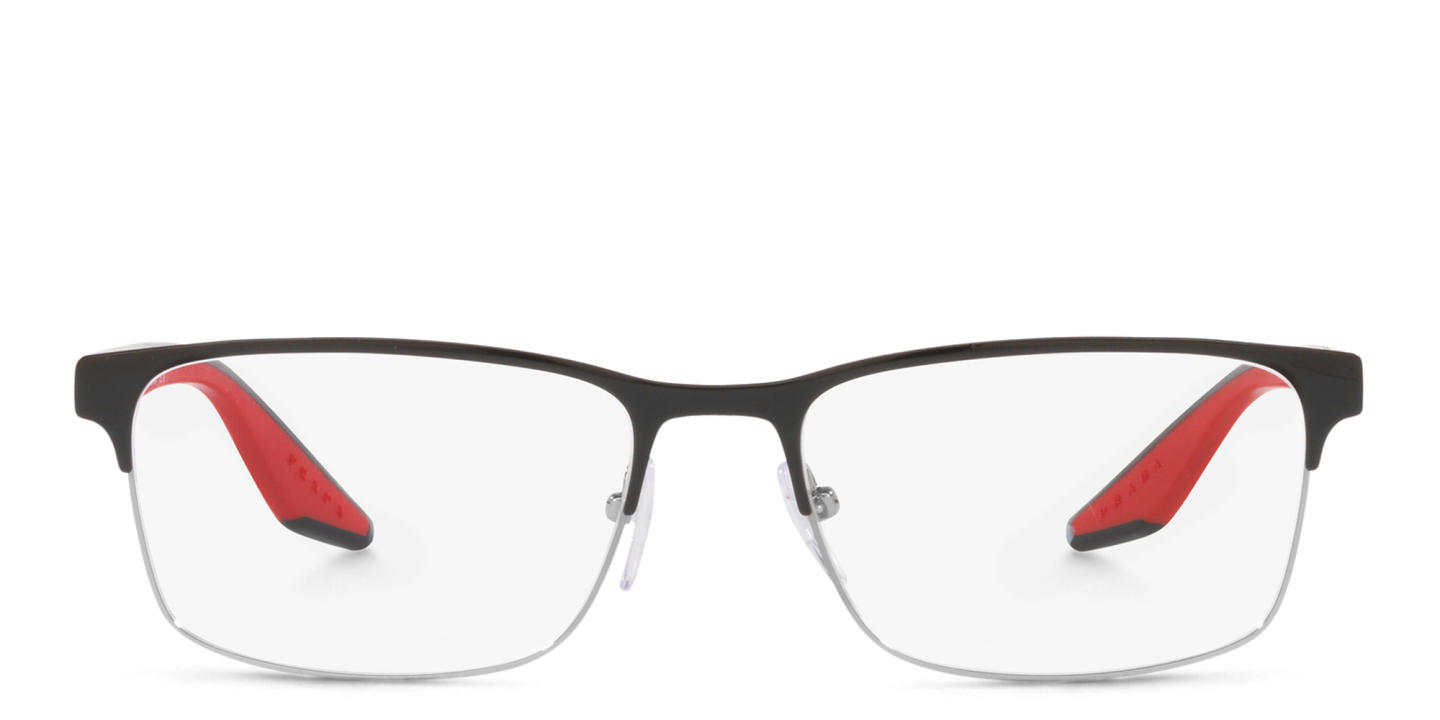 Shop Prada Linea Rossa Wide Rectangle Eyeglasses in Black & Silver online.