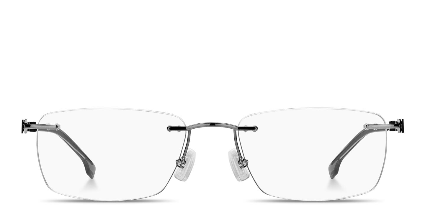 Shop Hugo Boss Logo Signature Rimless Rectangle Eyeglasses in Dark Ruthenium online.