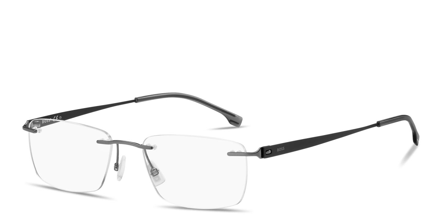 Shop Hugo Boss Logo Signature Rimless Rectangle Eyeglasses in Dark Ruthenium online.