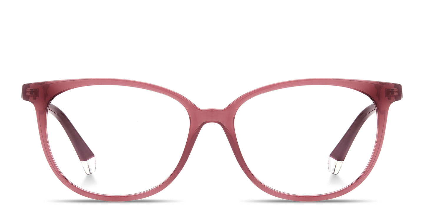 Shop Polaroid Logo Lettering Wide Rectangle Eyeglasses in Transparent Violet online.