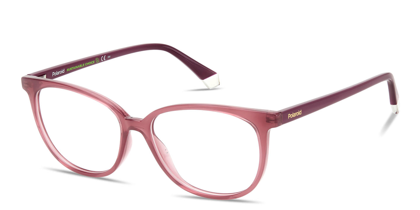 Shop Polaroid Logo Lettering Wide Rectangle Eyeglasses in Transparent Violet online.