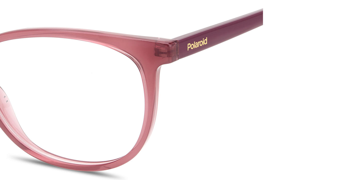 Shop Polaroid Logo Lettering Wide Rectangle Eyeglasses in Transparent Violet online.