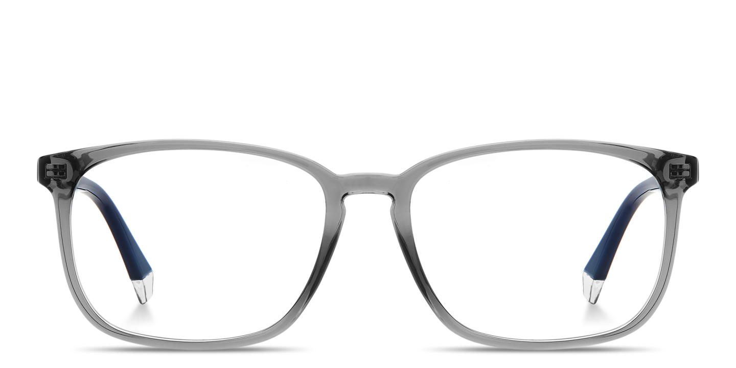 Shop Polaroid Logo Lettering Wide Rectangle Eyeglasses in Transparent Grey online.