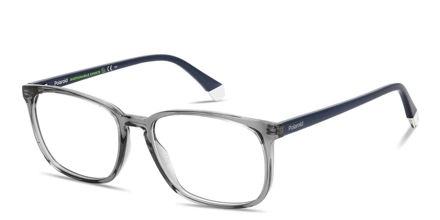 Shop Polaroid Logo Lettering Wide Rectangle Eyeglasses in Transparent Grey online.