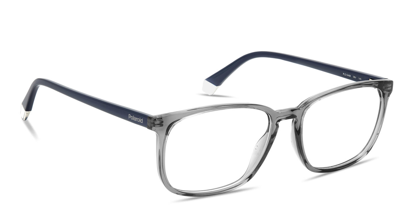 Shop Polaroid Logo Lettering Wide Rectangle Eyeglasses in Transparent Grey online.