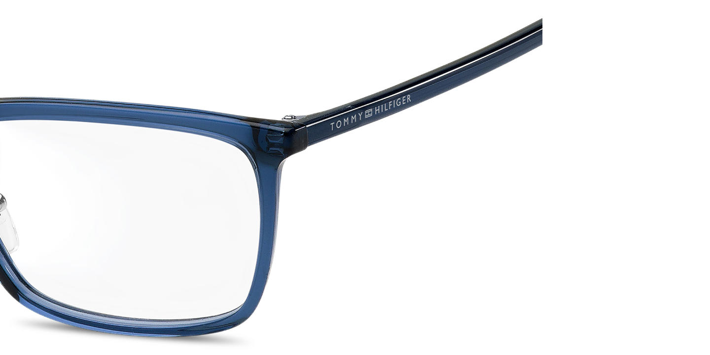 Shop Tommy Hilfiger Logo Lettering Wide Rectangle Eyeglasses in Blue online.