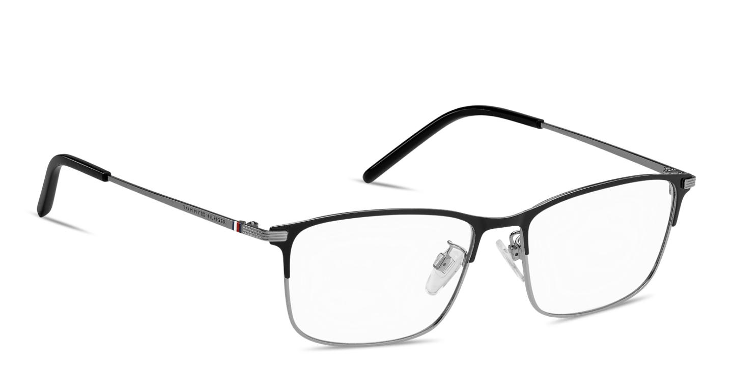 Shop Tommy Hilfiger Engraved Logo Rectangle Eyeglasses in Black Ruthenium online.
