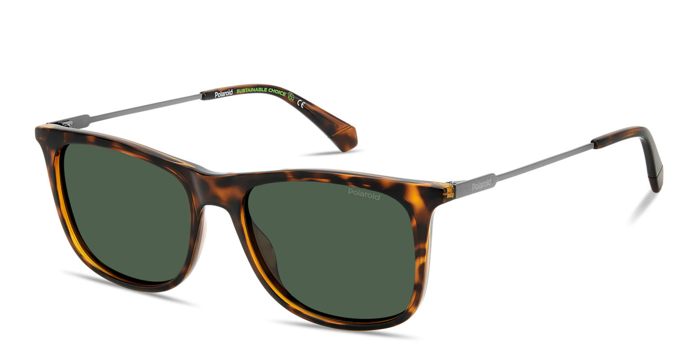 Shop Polaroid Engraved Logo Rectangle Sunglasses in Havana online.