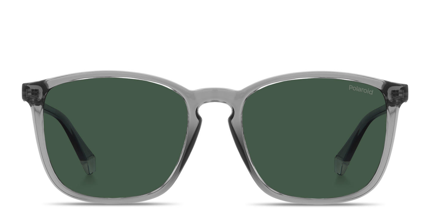 Shop Polaroid Stamped Logo Square Sunglasses in Transparent Grey online.