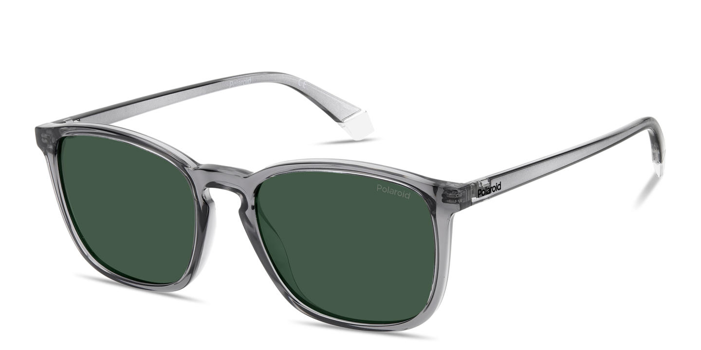 Shop Polaroid Stamped Logo Square Sunglasses in Transparent Grey online.