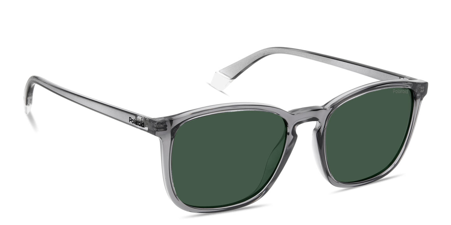 Shop Polaroid Stamped Logo Square Sunglasses in Transparent Grey online.