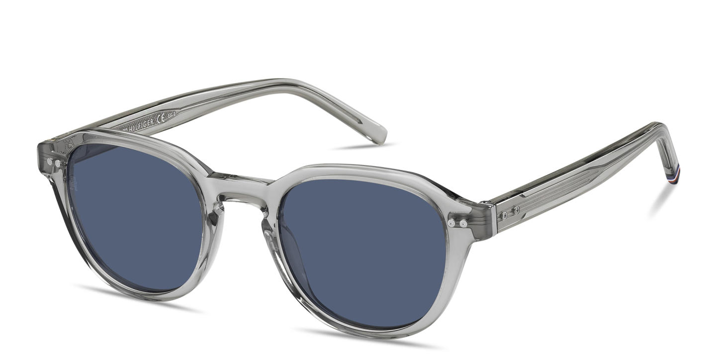 Shop Tommy Hilfiger Logo Lettering Panthos Sunglasses in Transparent Grey online.