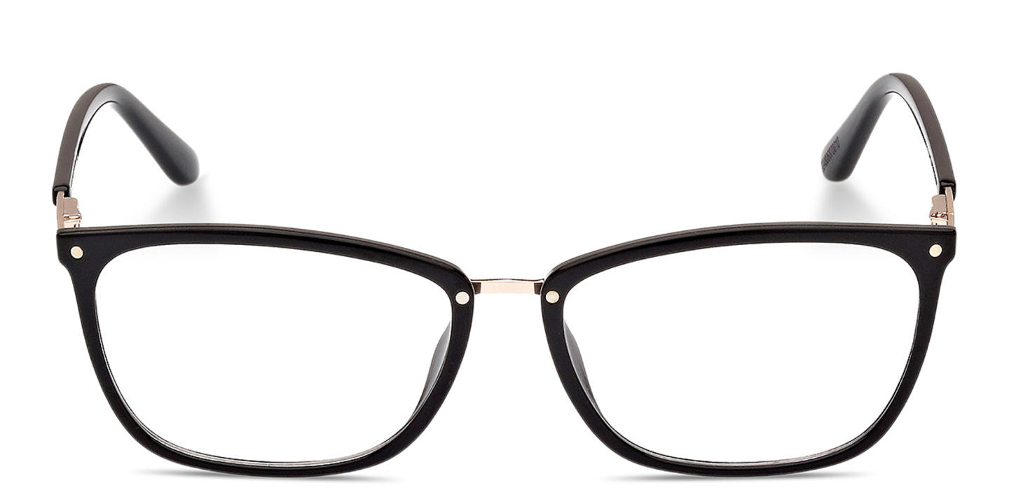 Shop Guess Engraved Logo Rectangle Eyeglasses in Black online.