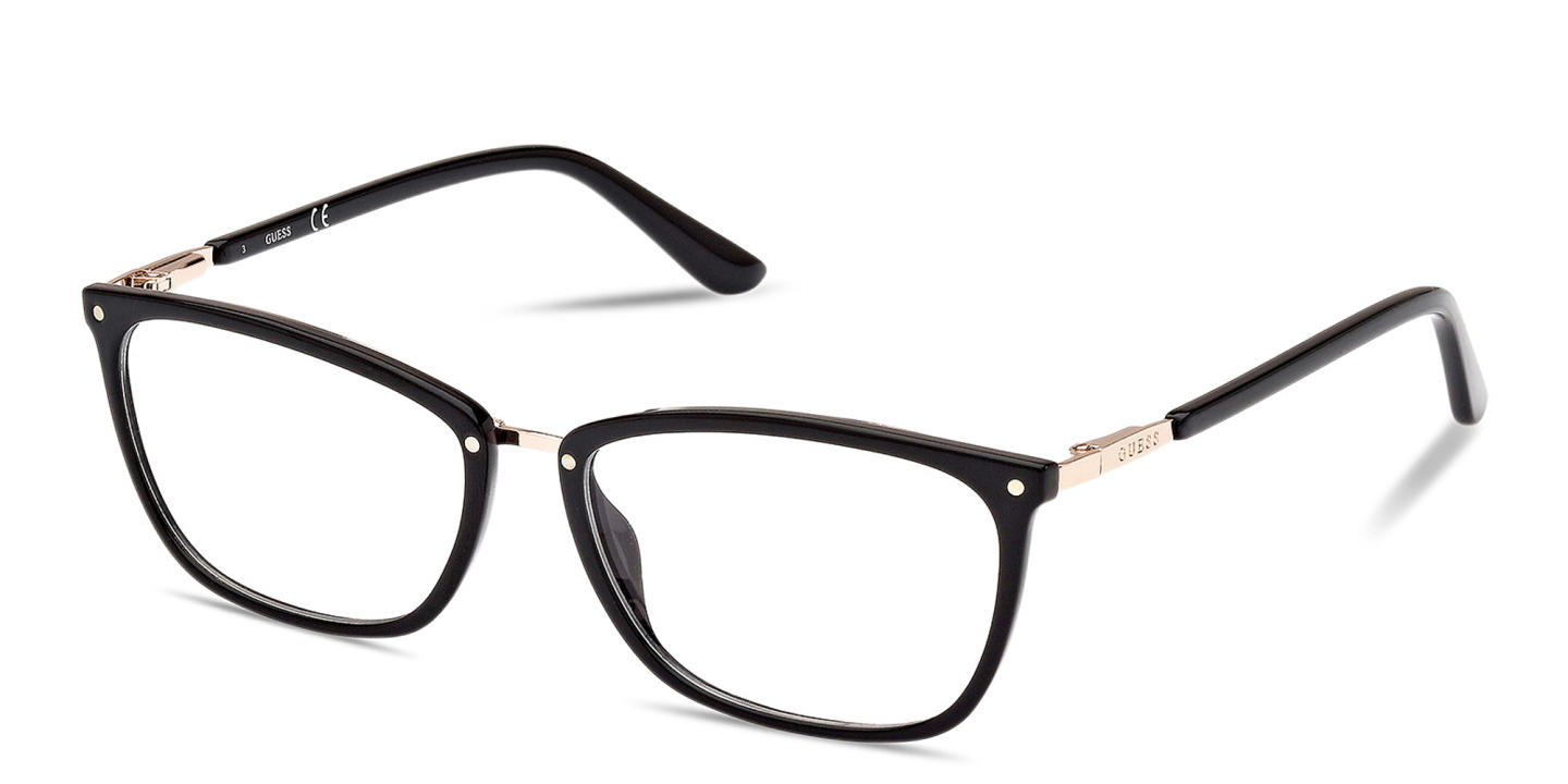 Shop Guess Engraved Logo Rectangle Eyeglasses in Black online.