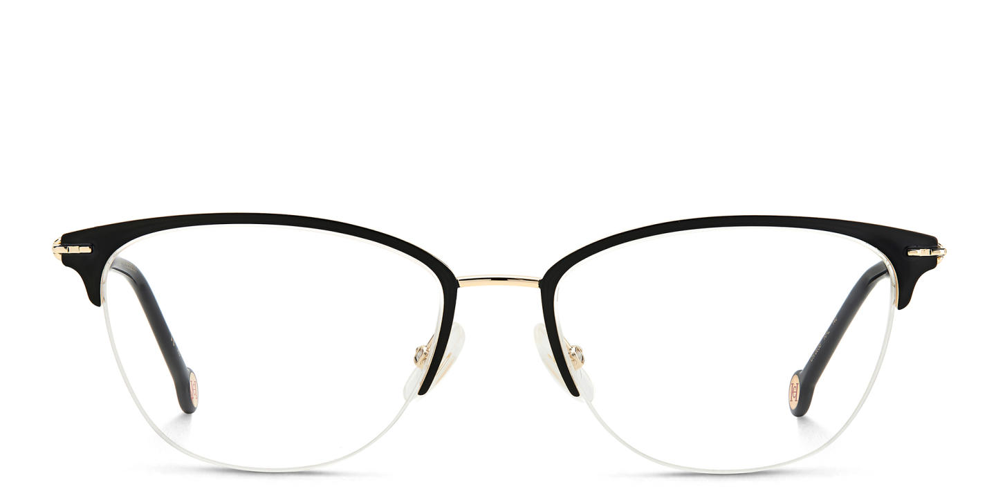 Shop Carolina Herrera Half-Rim Round Eyeglasses in Gold online.