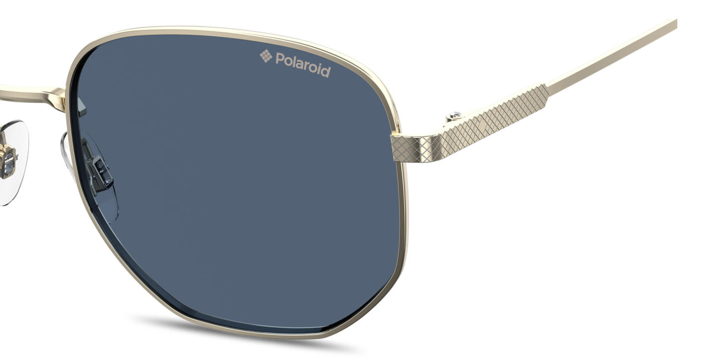 Shop Polaroid Logo Lettering Irregular Sunglasses in Gold online.
