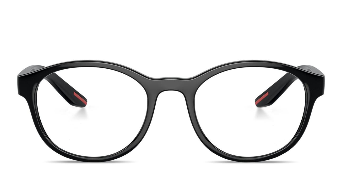 Shop Prada Linea Rossa Logo Signature Panthos Eyeglasses in Shiny Black online.
