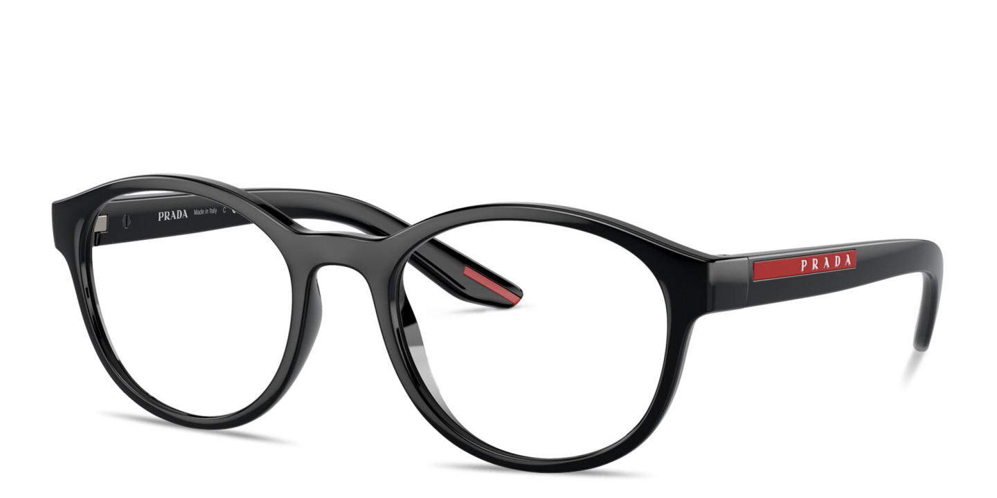 Shop Prada Linea Rossa Logo Signature Panthos Eyeglasses in Shiny Black online.