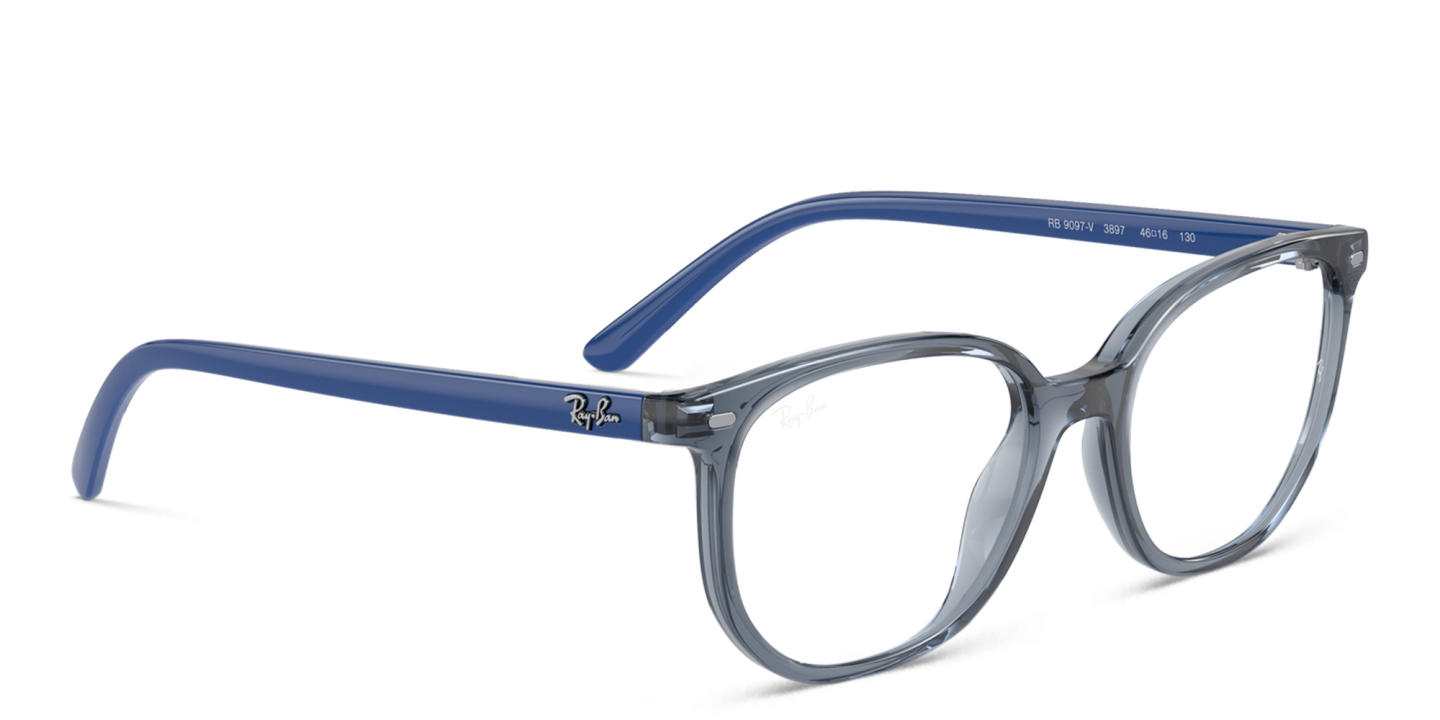 Shop Ray-Ban Junior Elliot Kids Irregular Eyeglasses in Transparent Blue online.