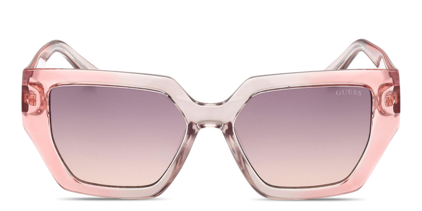 Shop Guess Logo Lettering Irregular Sunglasses in Pink online.