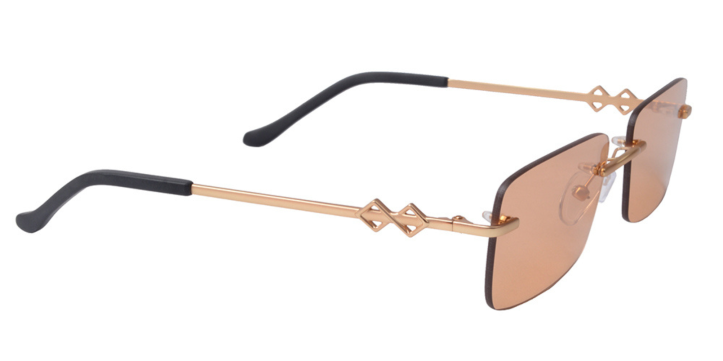 Shop Karen Wazen Layla Rimless Rectangle Sunglasses in Gold online.