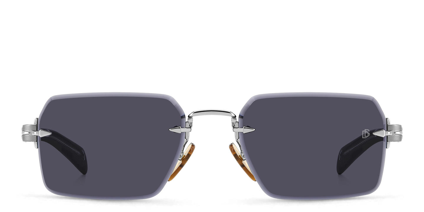 Shop DAVID BECKHAM Rimless Rectangle Sunglasses in Ruthenium Black online.