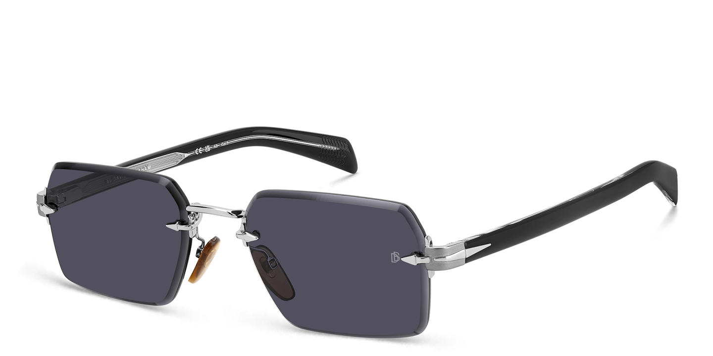Shop DAVID BECKHAM Rimless Rectangle Sunglasses in Ruthenium Black online.