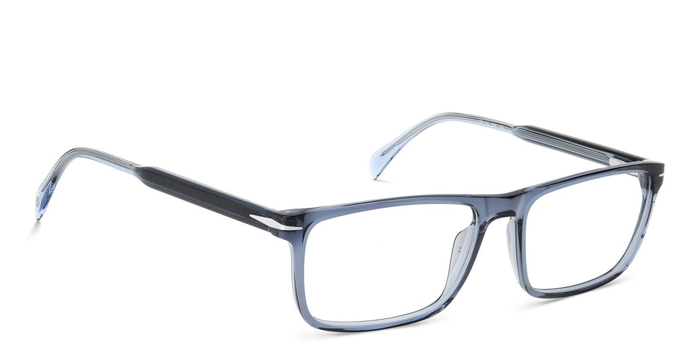 Shop DAVID BECKHAM Timeless Icons Wide Rectangle Eyeglasses in Blue online.