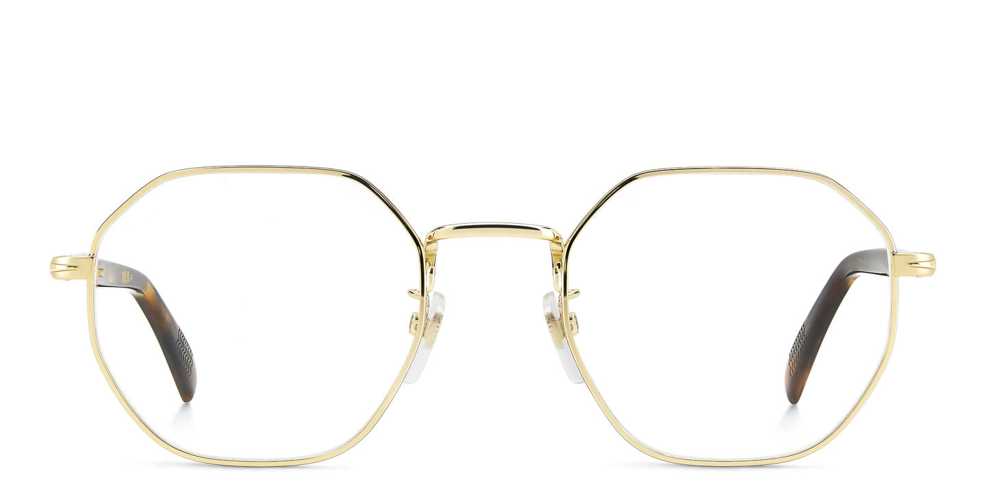 Shop DAVID BECKHAM Timeless Icons Irregular Eyeglasses in Gold Brown Horn online.
