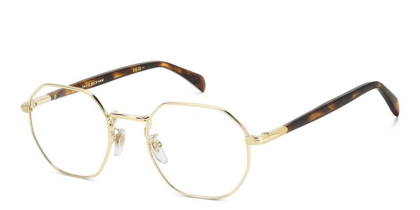 Shop DAVID BECKHAM Timeless Icons Irregular Eyeglasses in Gold Brown Horn online.