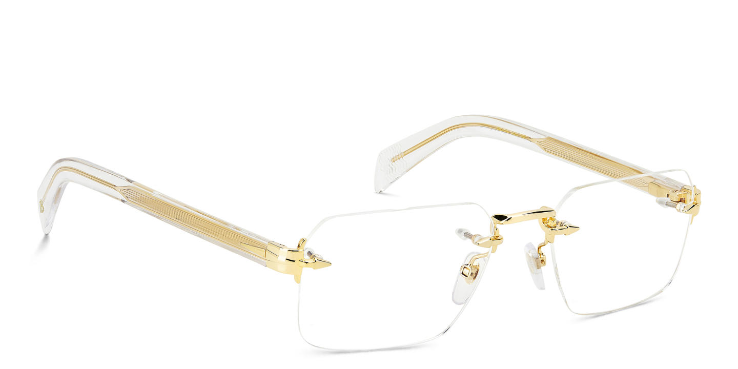 Shop DAVID BECKHAM Rimless Rectangle Eyeglasses in Gold Crystal online.
