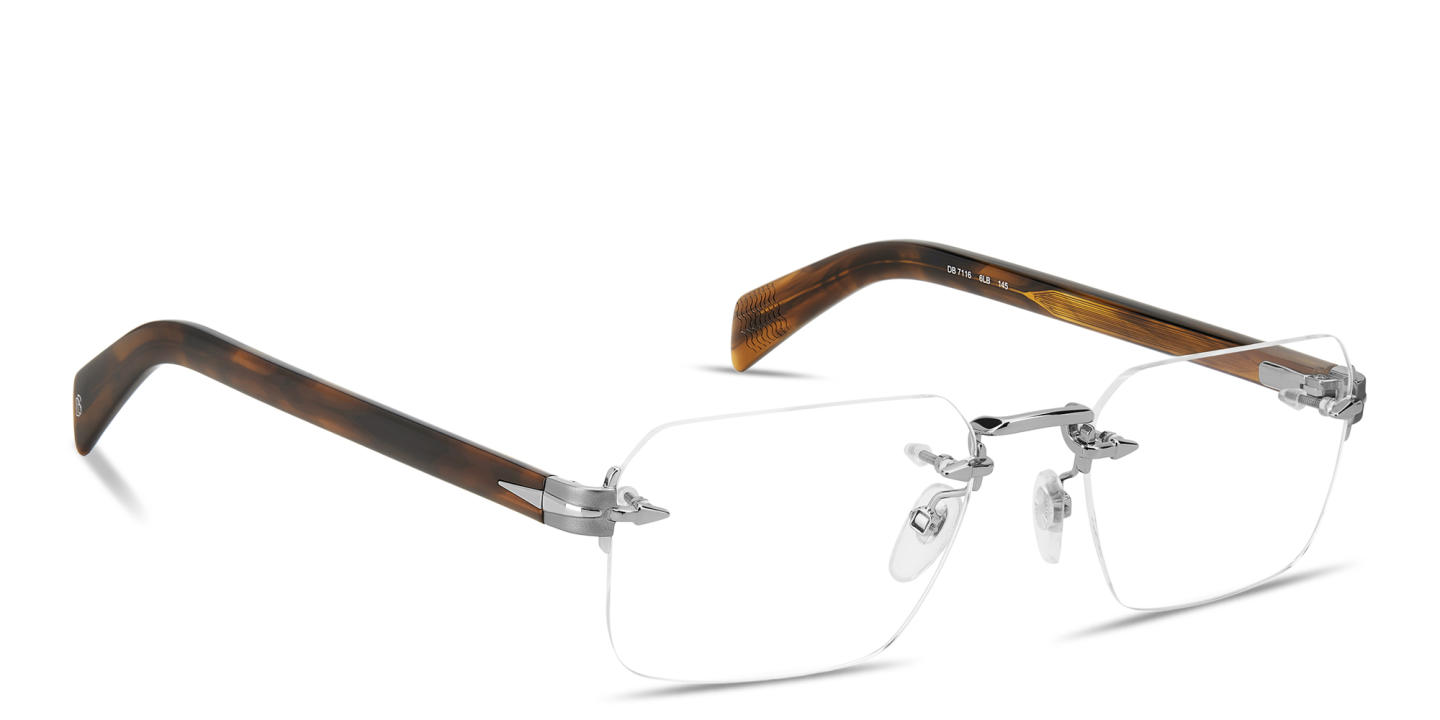 Shop DAVID BECKHAM Talisman Rimless Rectangle Eyeglasses in Ruthenium online.