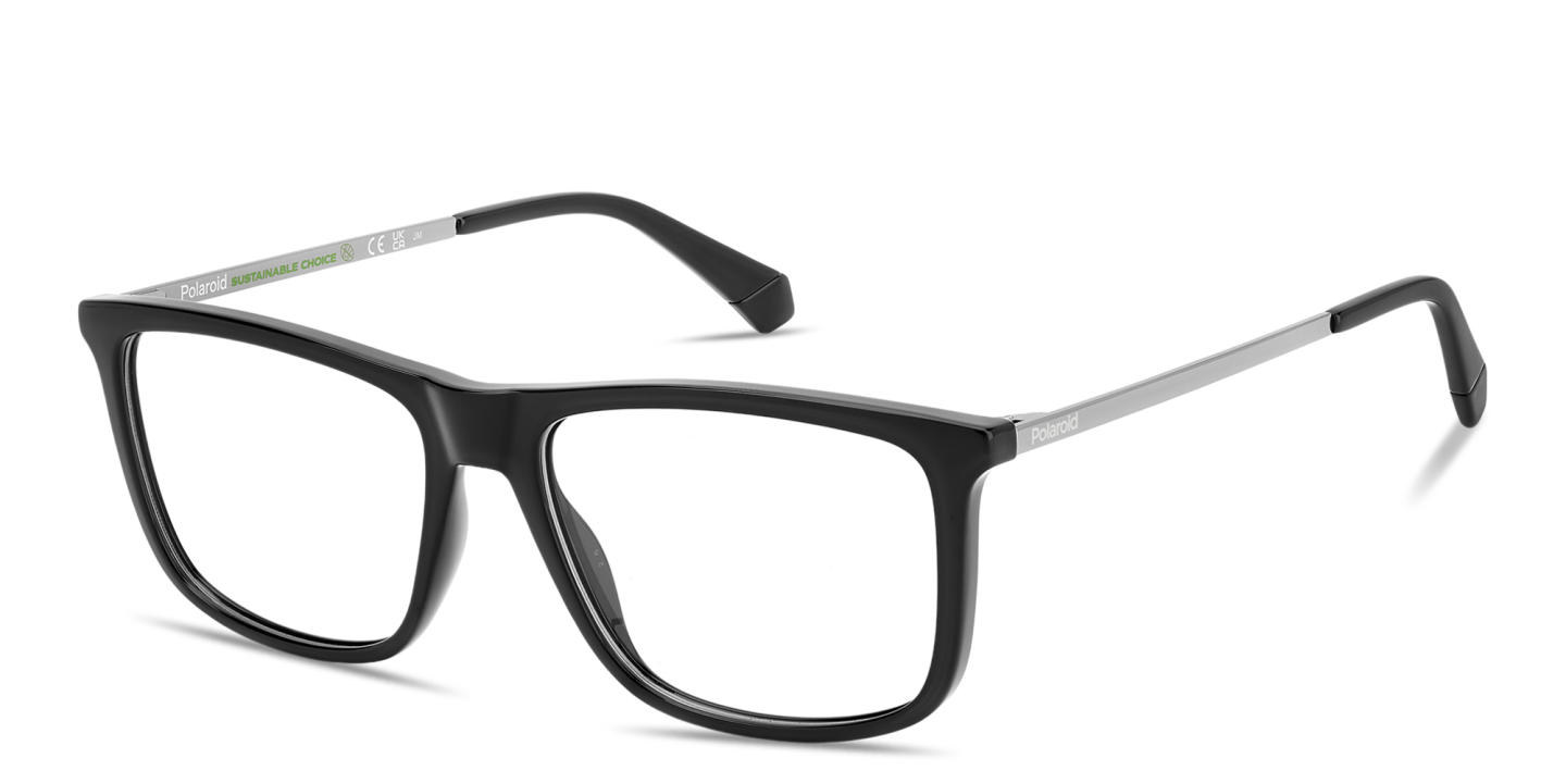 Shop Polaroid Engraved Logo Wide Rectangle Eyeglasses in Black online.