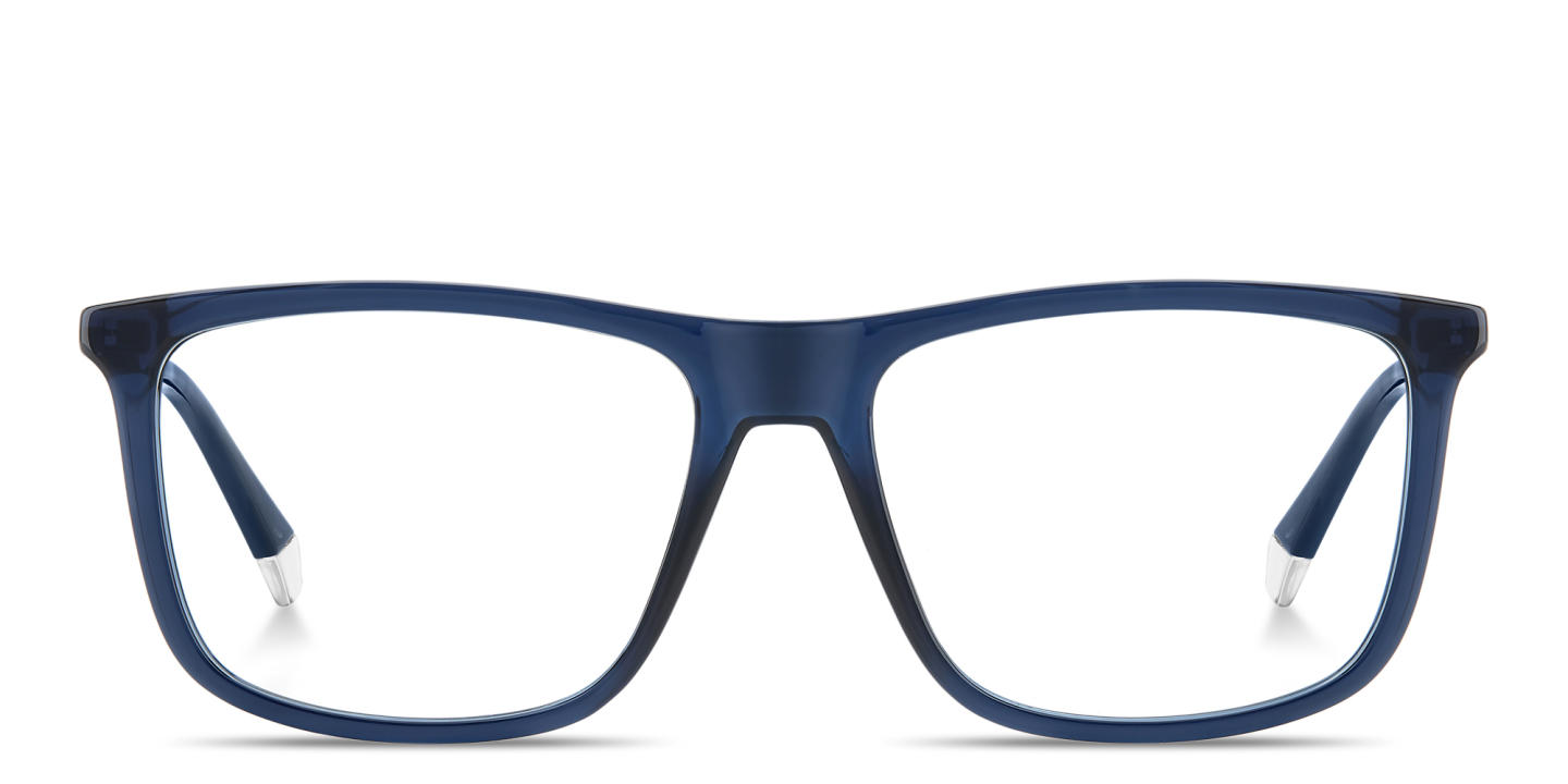 Shop Polaroid Engraved Logo Wide Rectangle Eyeglasses in Blue online.